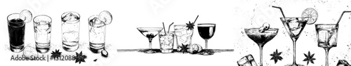 Retro cartoon style illustrations of glasses containing alcoholic cocktails highlight classic summer drinks and aperitifs with a groovy, hand-drawn hippie vibe