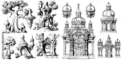 Wallpaper Mural Intricate black and white illustrations of fantastical architecture and nature scenes designed for creative projects Torontodigital.ca