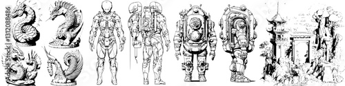 Intricate designs of mythical creatures and futuristic diving suits displayed in a creative art collection