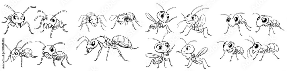 Various sketches of ants showcasing different poses and expressions in a creative design Various sketches of ants showcasing different poses and expressions in a creative design