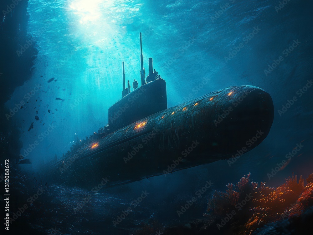 Submarine exploration unfolds in the depths of the ocean during a stunning underwater adventure at twilight, revealing marine wonders. Generative AI Submarine exploration unfolds in the depths of the ocean during a stunning underwater adventure at twilight, revealing marine wonders. Generative AI