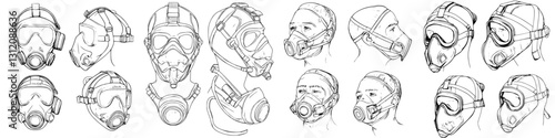 Diverse designs of protective gas masks suitable for various situations and environments