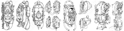 Detailed sketches of vintage diving helmets illustrating intricate designs and mechanisms from an era of exploration and adventure