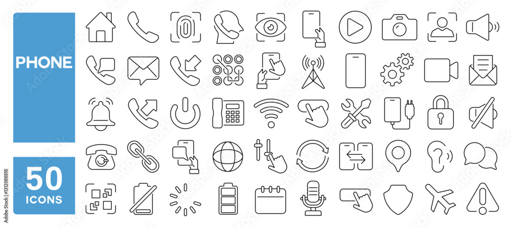 Set of 50 line icons related to phone, call, ring, message, contact, camera, video, mobile, dial, signal, silence, communication, calling, Editable stroke. Vector illustration Set of 50 line icons related to phone, call, ring, message, contact, camera, video, mobile, dial, signal, silence, communication, calling, Editable stroke. Vector illustration
