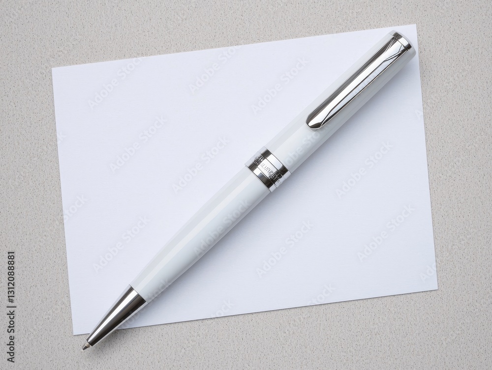 Elegant White Ballpoint Pen on Blank Paper Minimalist Style Office Environment Close-Up View Professional Concept Elegant White Ballpoint Pen on Blank Paper Minimalist Style Office Environment Close-Up View Professional Concept