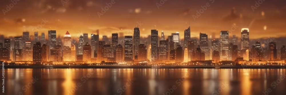 Fototapeta premium Orange bokeh background with a blurred cityscape or landscape in the foreground, landscape, bokeh,