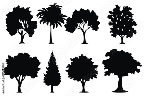  Tree plan line silhouettes set isolated flat vector illustration on white background.