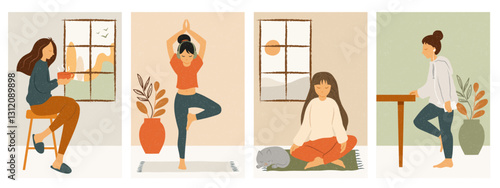 Calm and relaxation inspired illustrations - characters being relaxed at home, sipping tea, doing yoga, meditating with their cat