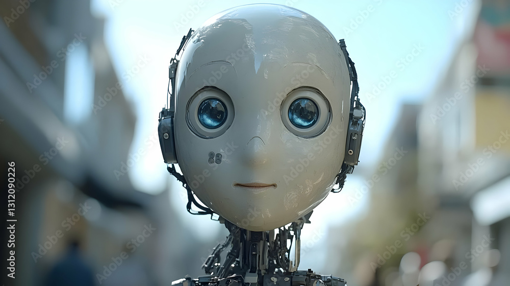 Close Up Portrait of a Childlike Robot with Blue Eyes in a Blurred City Background Close Up Portrait of a Childlike Robot with Blue Eyes in a Blurred City Background