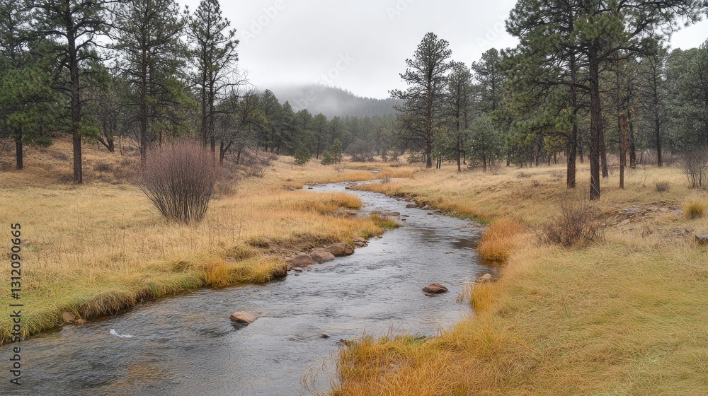 A peaceful creek winding through a pine forest, fog rising from the water. A peaceful creek winding through a pine forest, fog rising from the water.