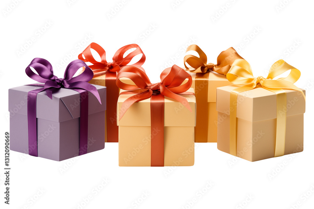 Fototapeta premium Multicolored gift boxes with bows isolated on transparent background.