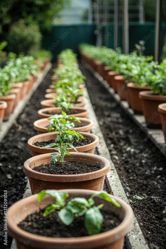 Fresh Plant Growth in Individual Pots Lined in a Greenhouse Area Fresh Plant Growth in Individual Pots Lined in a Greenhouse Area