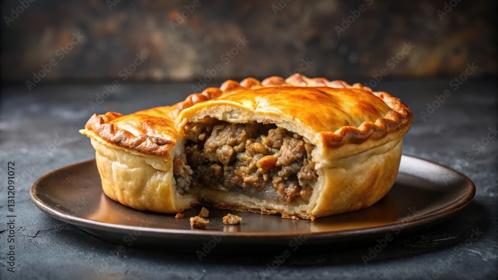 Pie with ground beef and flaky puff pastry double crust on a dark plate , meat pie, dark plate Pie with ground beef and flaky puff pastry double crust on a dark plate , meat pie, dark plate