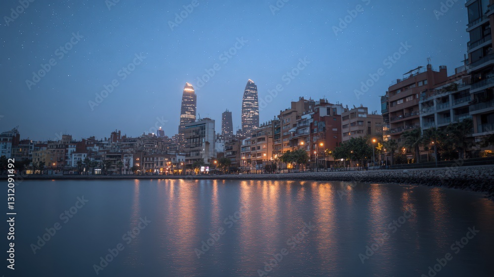 Obraz premium Night Cityscape with Starry Sky and Water Reflections
