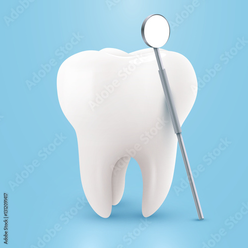 Tooth with mirror isolated on blue background. Dentistry concept.