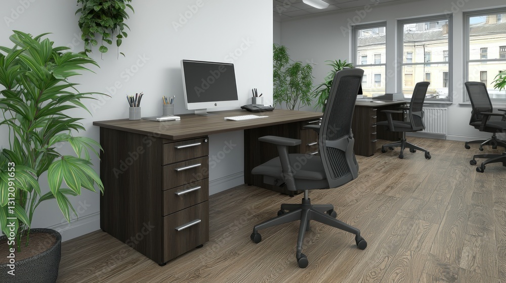 Fototapeta premium Modern dark wood office desk with chair in open plan workspace