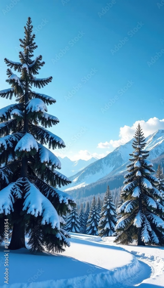 Fototapeta premium spruce trees against clear blue sky with snow, winter, frosty, forest