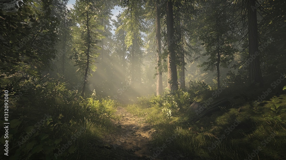 Obraz premium Sunbeams pierce misty forest path.