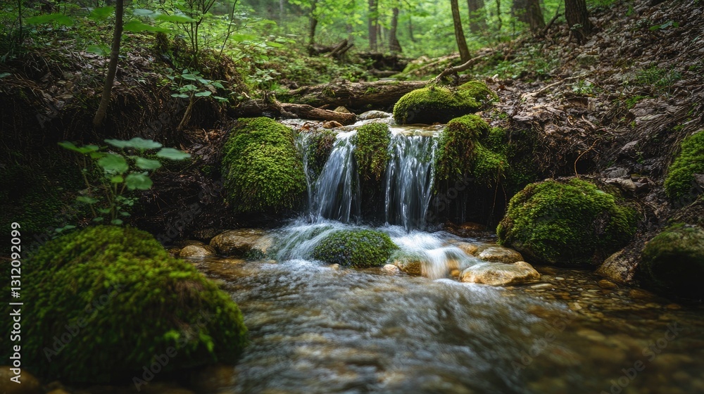 A tiny waterfall flowing through moss-covered rocks in a deep fores A tiny waterfall flowing through moss-covered rocks in a deep fores
