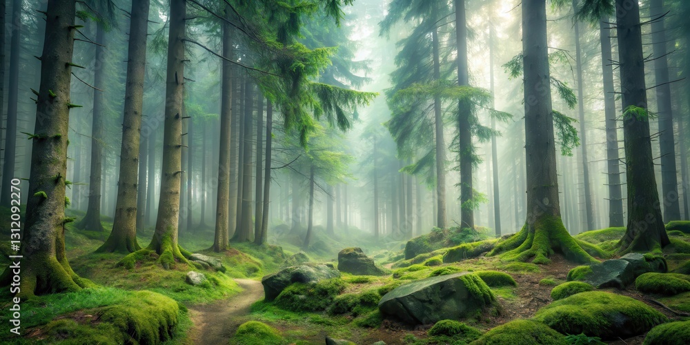 Fototapeta premium A misty forest with tall fir trees and twisted branches in a retro-inspired setting, surrounded by overgrown vegetation and moss-covered stones , forest, fir forest