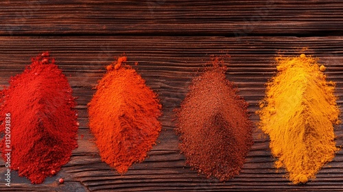 Vibrant array of aromatic spices scattered across rustic wooden table creating a culinary wonderland photo