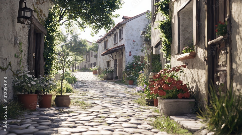 Fototapeta premium Sunlit cobblestone street in a quaint European village.