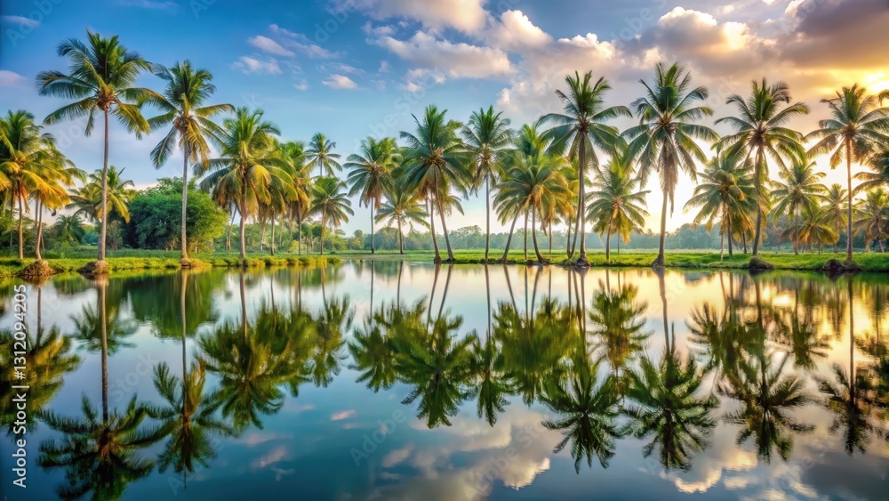 Palm Trees Reflecting on the Water of a Serene Lake in Bali, Indonesia Palm Trees Reflecting on the Water of a Serene Lake in Bali, Indonesia