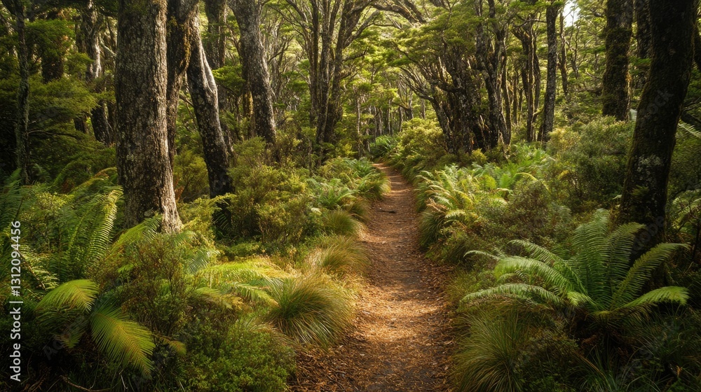 Obraz premium An untouched wilderness scene with thick pine undergrowth and a serene, hidden trail.