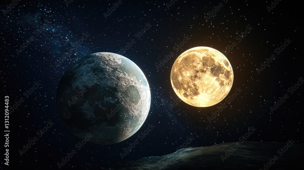 A photorealistic depiction of Earth and the Moon, highlighting the contrast between their surfaces A photorealistic depiction of Earth and the Moon, highlighting the contrast between their surfaces