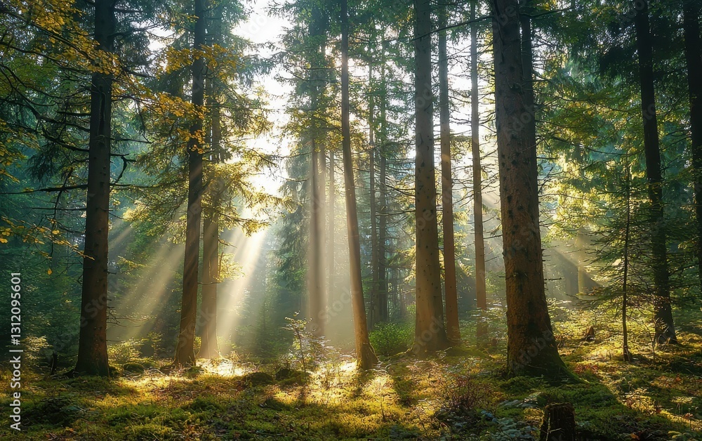 A serene forest with towering trees and sun rays filtering through the leaves A serene forest with towering trees and sun rays filtering through the leaves