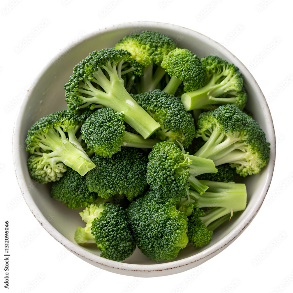 Fresh broccoli florets in bowl isolated on transparent background Fresh broccoli florets in bowl isolated on transparent background