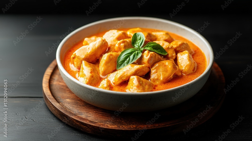 Delicious bowl of butter chicken curry served on a rustic wooden board capturing culinary artistry Delicious bowl of butter chicken curry served on a rustic wooden board capturing culinary artistry
