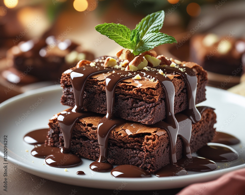 A stack of two chocolate brownies on a white plate. A stack of two chocolate brownies on a white plate.