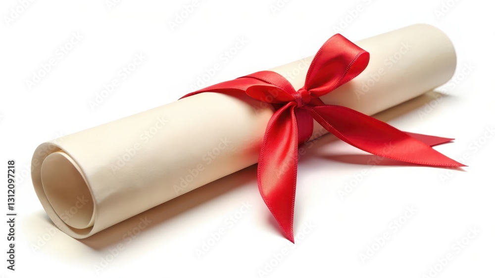 Diploma scroll with bright red ribbon tied around it Diploma scroll with bright red ribbon tied around it