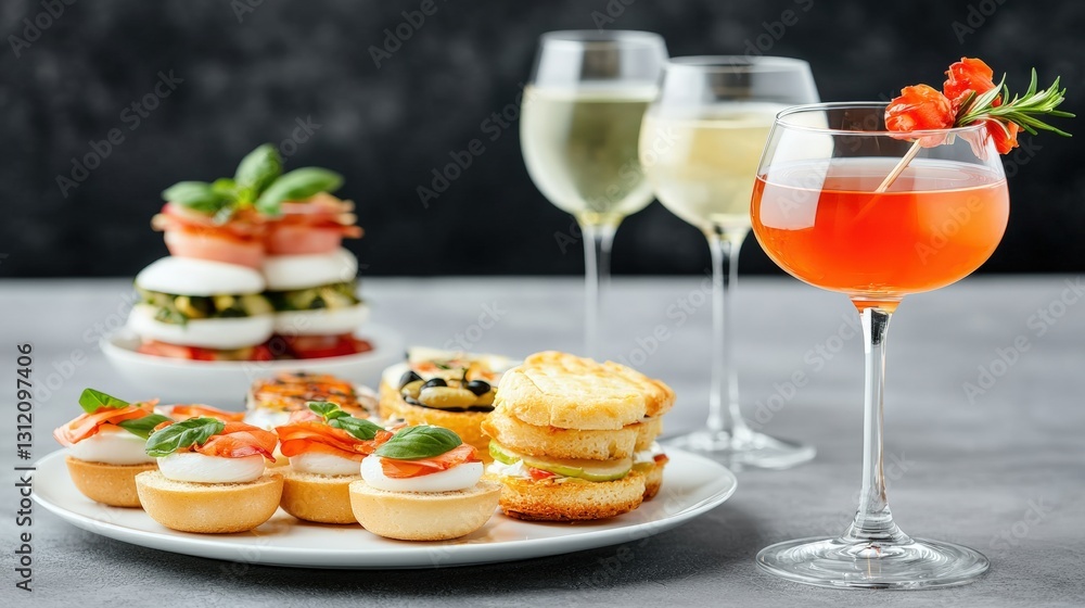 Elegant plate of gourmet food accompanied by a glass of fine wine perfectly set for catering event Elegant plate of gourmet food accompanied by a glass of fine wine perfectly set for catering event