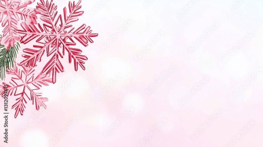 Pink and white winter background with a large snowflake and a small pine branch. Soft, bokeh lighting creates a dreamy atmosphere.