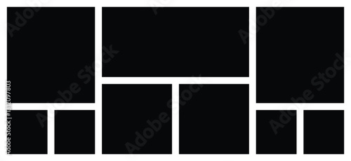 9 Empty Grid Collage Photo Frame Template. Square and Rectangle Background Shape. Mosaic and Texture Pattern Mood board for Portfolio and Wall Gallery Presentation.