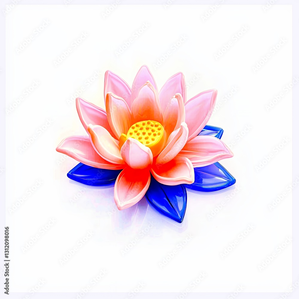 Fototapeta premium Pink and Orange Lotus Flower with Blue Leaves on White Background