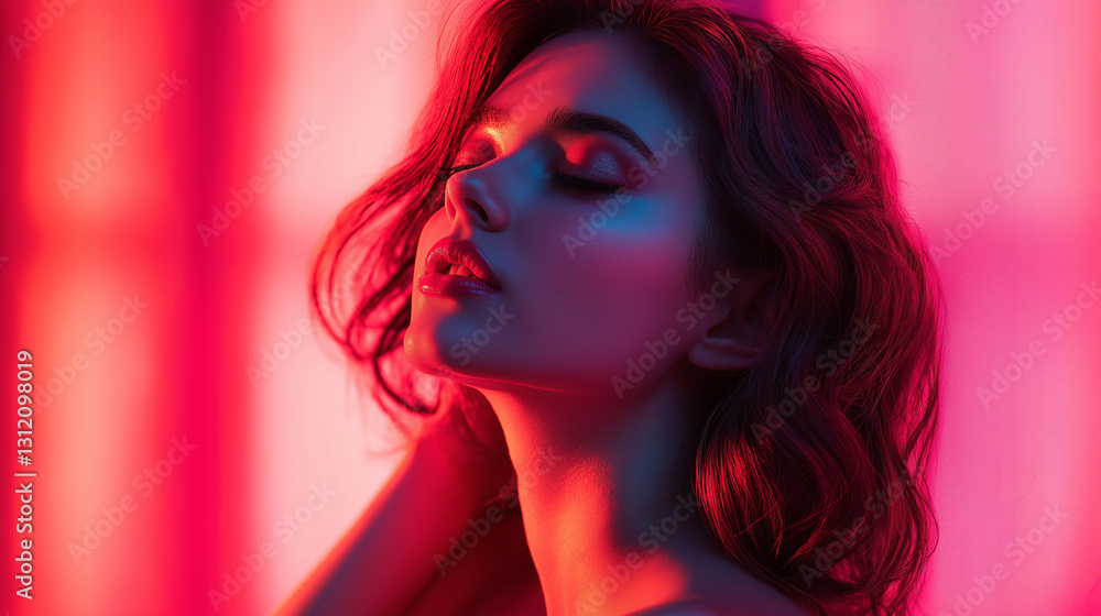 Fototapeta premium A beautiful portrait of a woman illuminated by warm golden light. Soft shadows and intense contrasts enhance the beauty and serenity of the image, creating a sense of elegance and tranquility.
