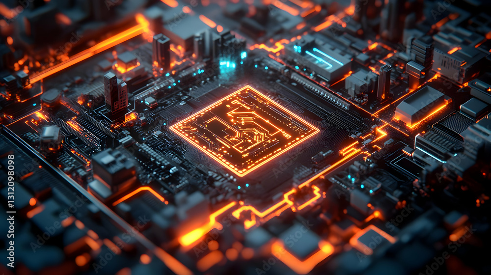 Obraz premium Close Up View of Glowing Orange Circuit Board with Central Processing Unit