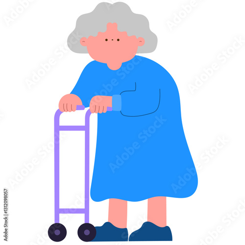 senior woman using a walking aid for support, healthcare concept flat vector illustration