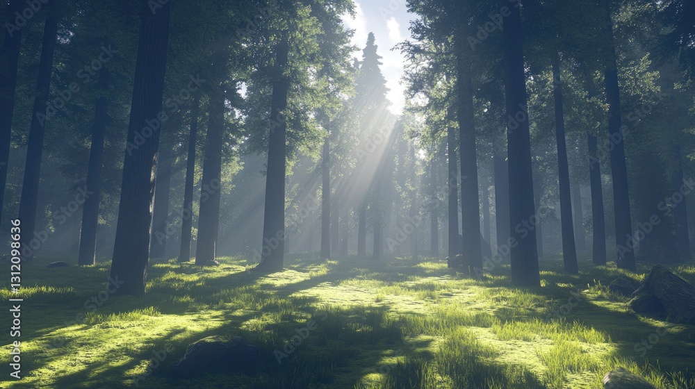 Obraz premium Sunlight filtering through towering pine trees, illuminating a mossy forest floor in early morning mist.
