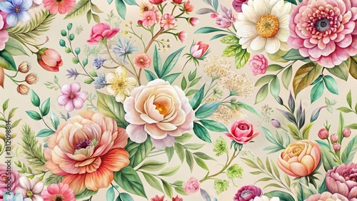 Intricate, hand-painted floral design featuring a mix of vibrant blooms and delicate leaves in soft pastel shades against a neutral background, botanical art, seamless design