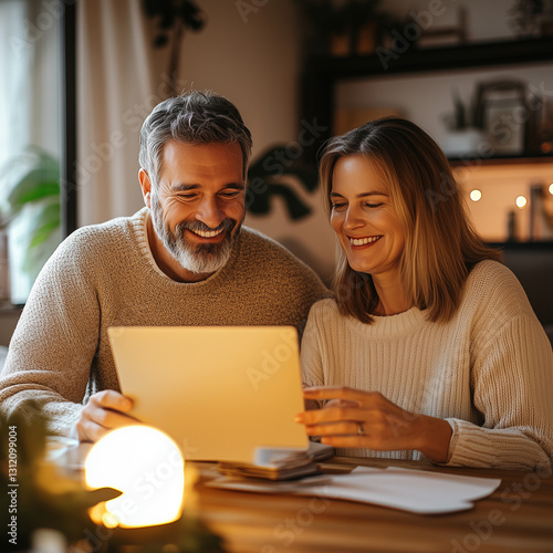 Happy Middle-Aged Couple Shopping Online from Home, young couple sitting in cafe