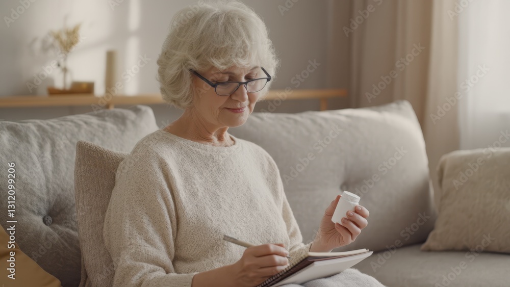 Senior Woman Journaling in Cozy Living Room Holding Bottle Senior Woman Journaling in Cozy Living Room Holding Bottle