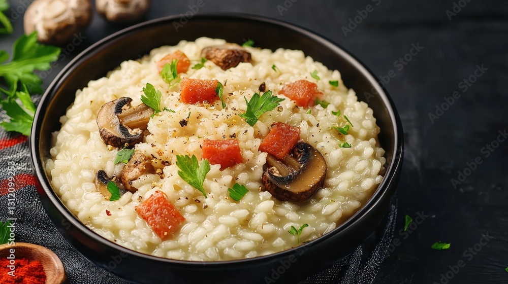 Creamy mushroom risotto served in a rustic bowl with fresh herbs and garnished for presentation Creamy mushroom risotto served in a rustic bowl with fresh herbs and garnished for presentation