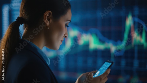 Businesswoman Analyzing Financial Markets on Smartphone with Stock Charts