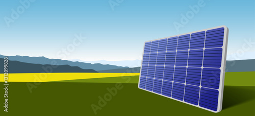 Solar panel, sun energy glass cells in nature. Green sustainable eco-friendly energy, alternative power concept.