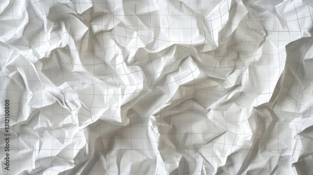 Obraz premium a piece of white paper crumpled with a delicate grid overlay, depicted in ultra-realistic detail. The folds and creases should be highlighted by soft lighting