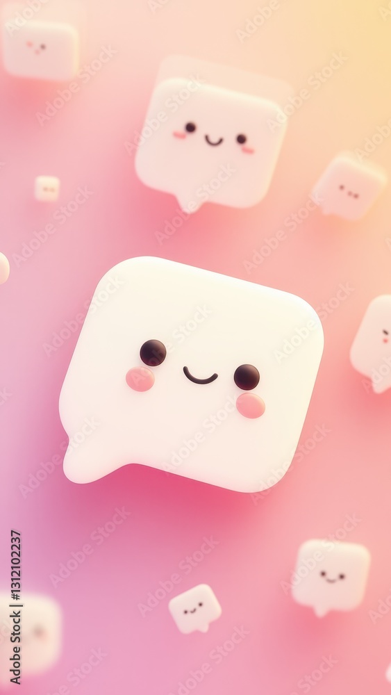 Floating Smiling Kawaii Bubble Icons Depicting Cheerful Communication on a Pink Gradient Background Floating Smiling Kawaii Bubble Icons Depicting Cheerful Communication on a Pink Gradient Background